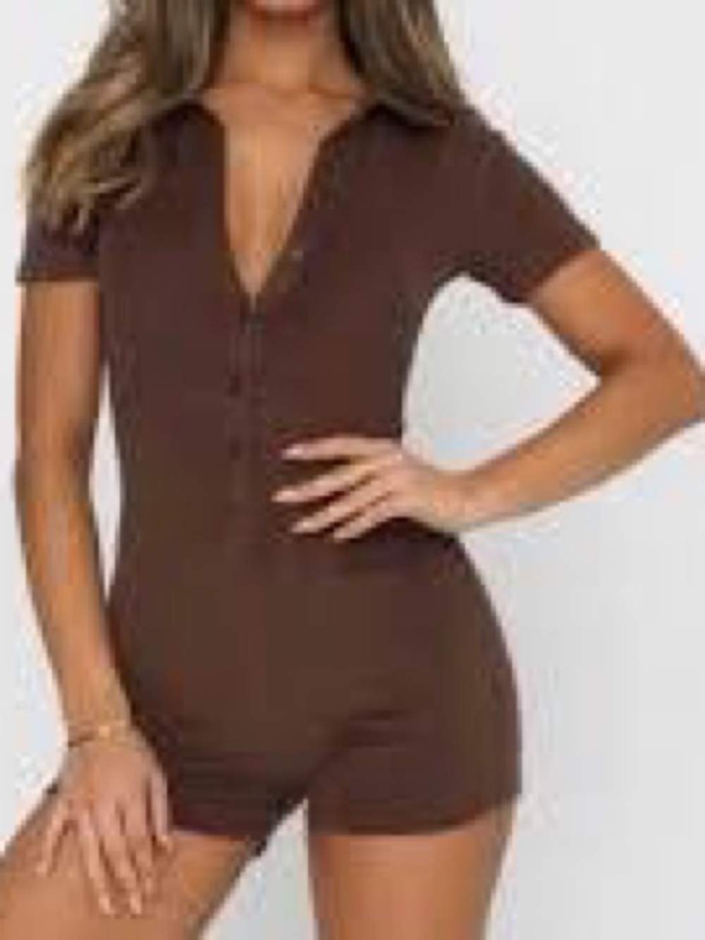 White Fox Boutique Brown Short Sleeve Henley Romper